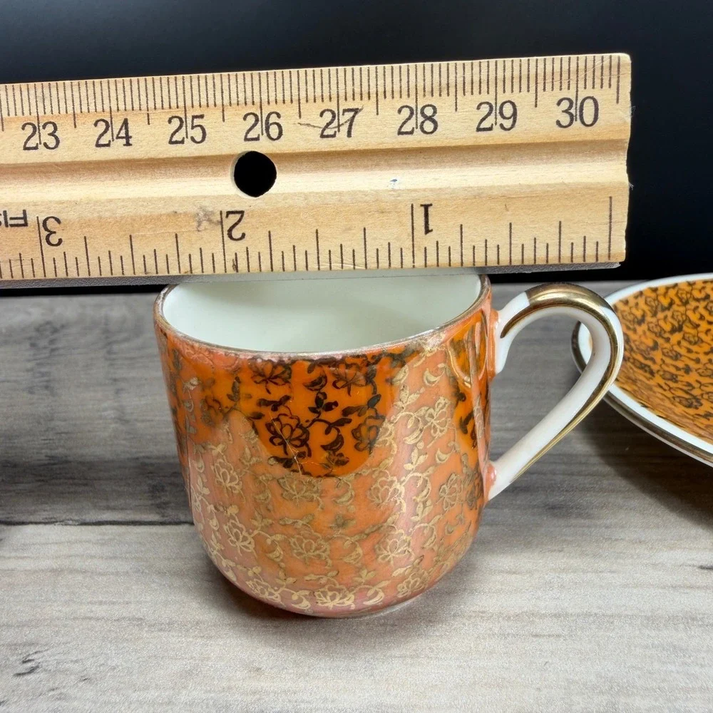 Alka Bavaria Germany Demitasse Cup Saucer‎ Set Orange Luster Gold Filigree VTG
